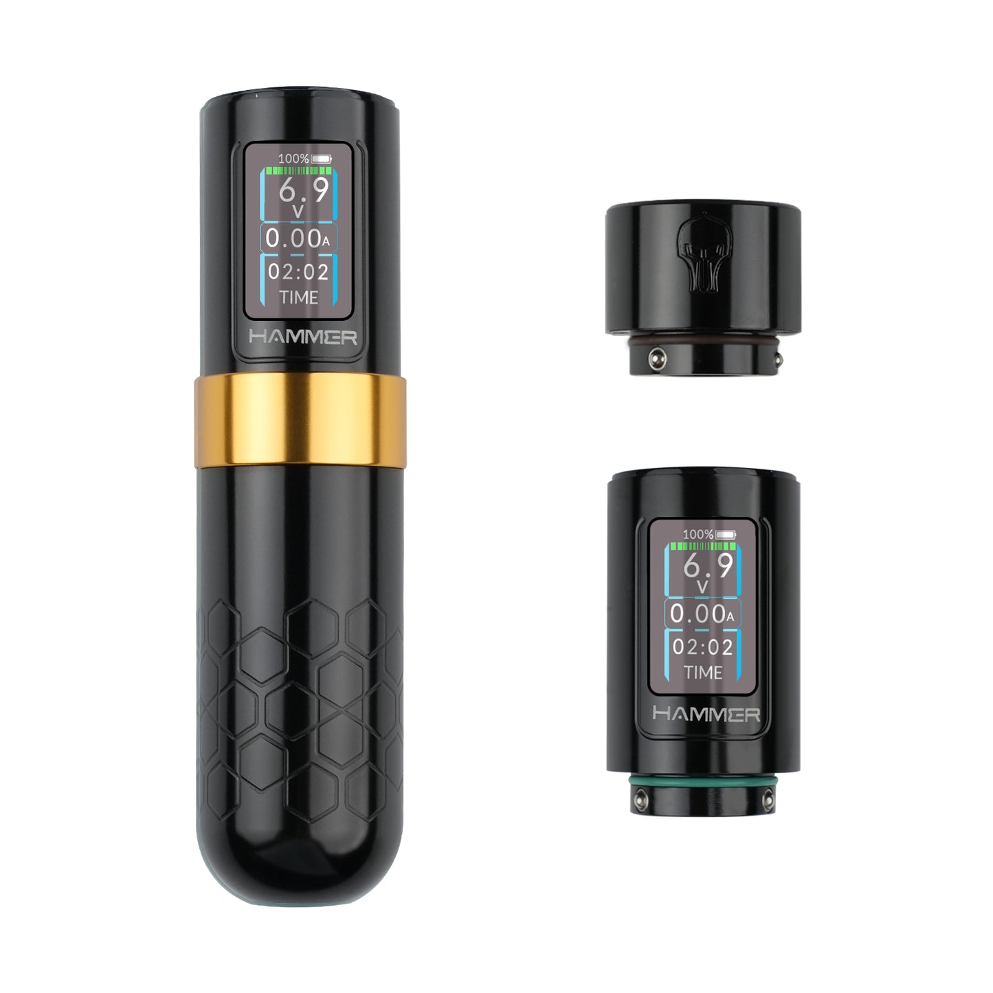 Dragoart Hammer Tattoo Machine in black with a digital display and detachable battery, designed for precision and versatility in professional tattooing.