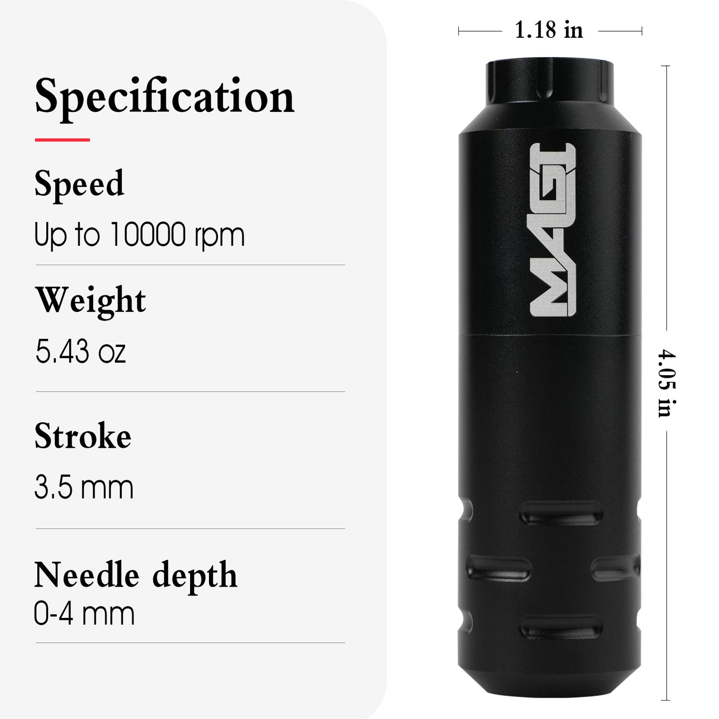 MAGI rotary tattoo pen machine specifications showing up to 10000 rpm speed, 5.43 oz weight, 3.5 mm stroke, and 0–4 mm adjustable needle depth.