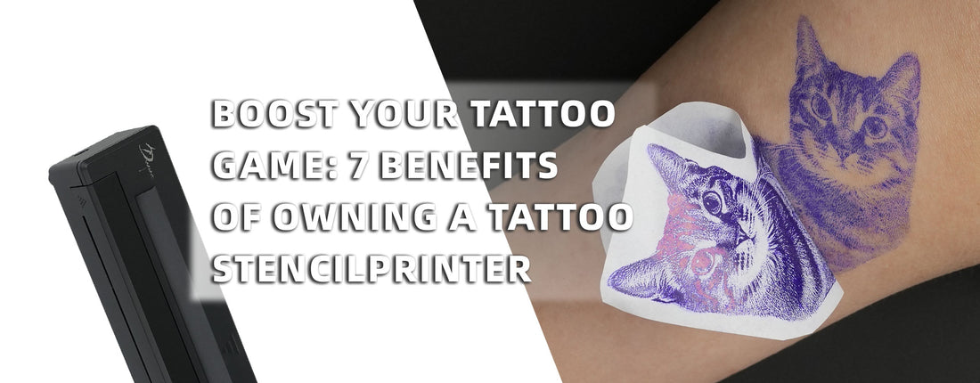 Tattoo stencil printer with blog headline text and cat stencil transfer applied on arm, illustrating benefits of owning a tattoo stencil printer.