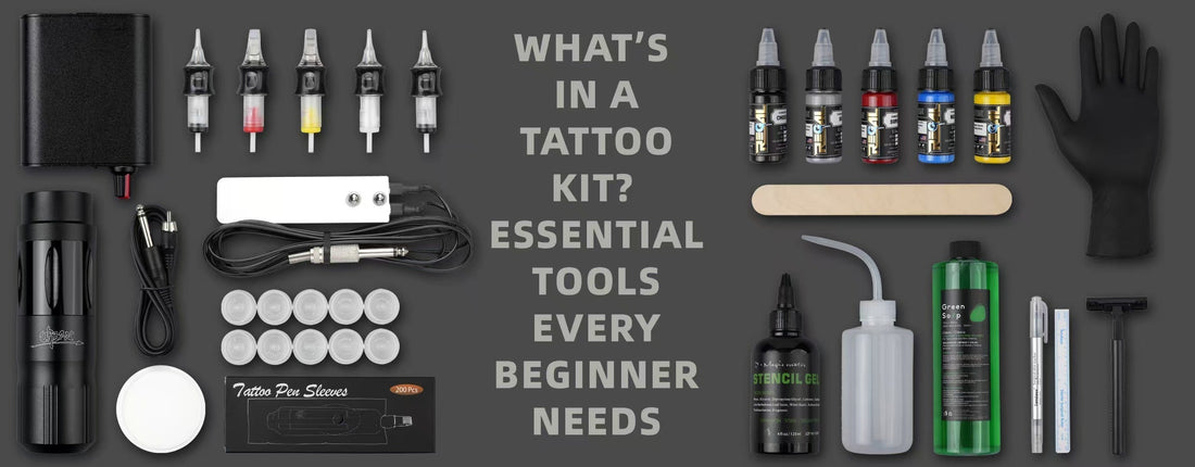 Flat lay of complete tattoo kit essentials for beginners including tattoo machine, power supply, cartridge needles, tattoo ink bottles, stencil gel, green soap, gloves, and disposable accessories arranged neatly on a dark background.