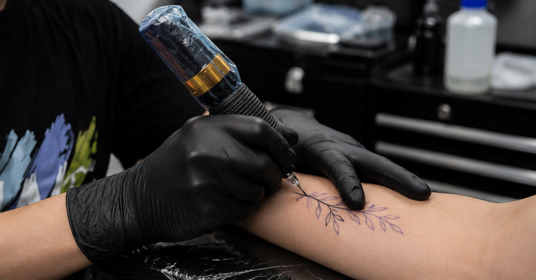 Tattoo artist using a Dragoart Tuner tattoo machine to create a delicate single needle botanical tattoo on a forearm.