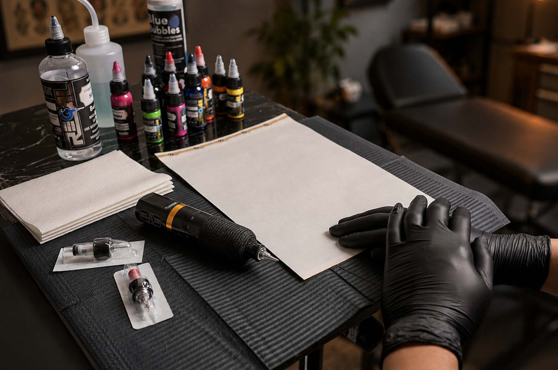 Dragoart Tuner tattoo machine on a professional tattoo workstation with ink bottles, cartridge needles, gloves, and practice skin