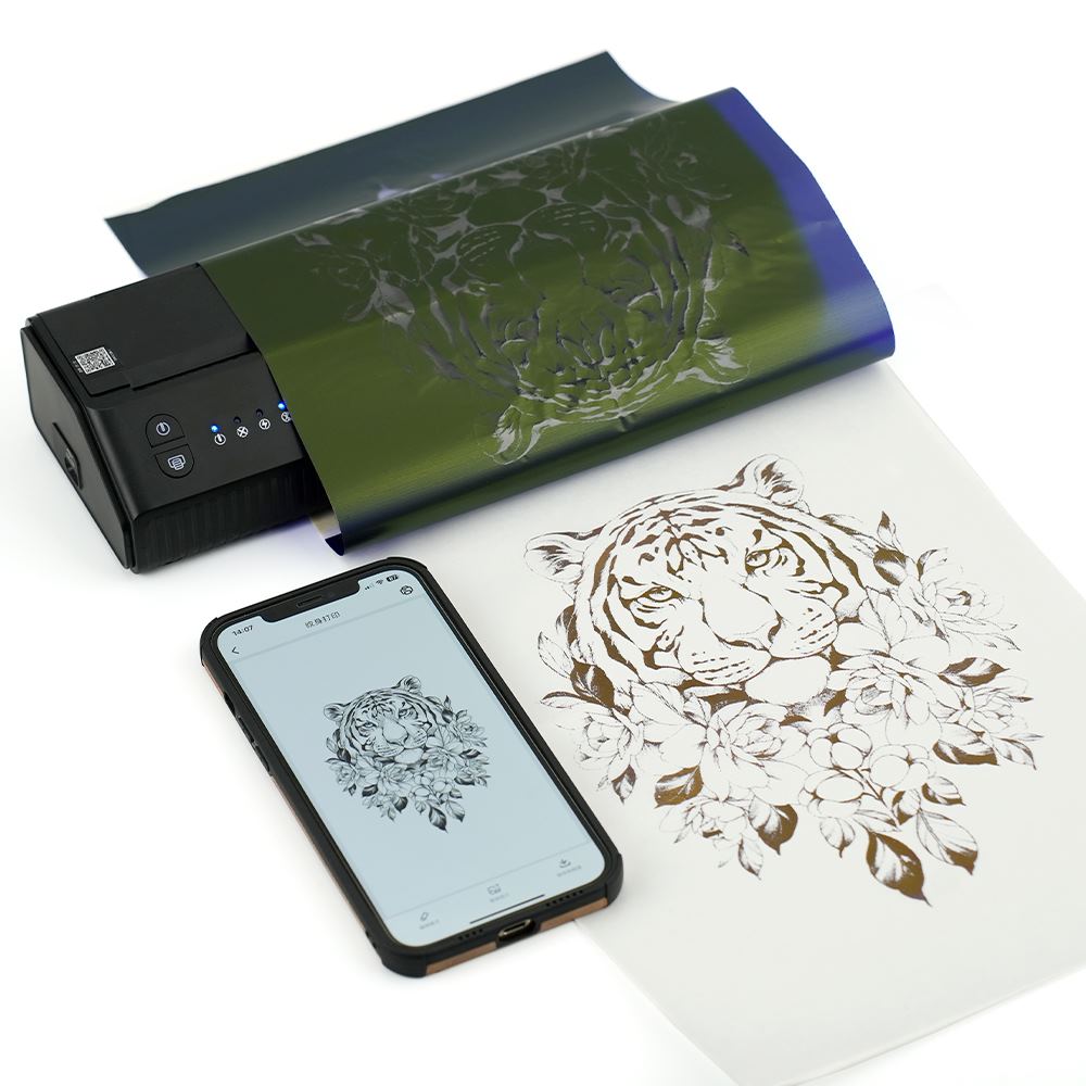 the app control the tattoo stencil printer to print out a tiger tattoo stencil
