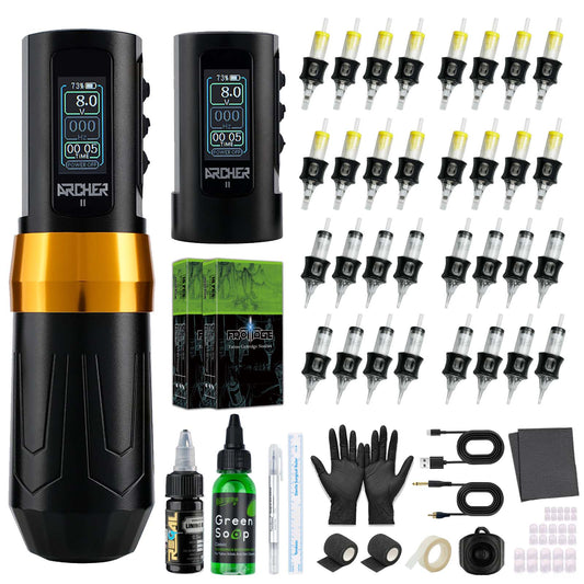 Dragoart Archer II wireless tattoo machine kit with two battery packs, TFT displays, 32 cartridge needles, Regal lining black tattoo ink, green soap, nitrile gloves, surgical ruler, grip tape, and charging accessories