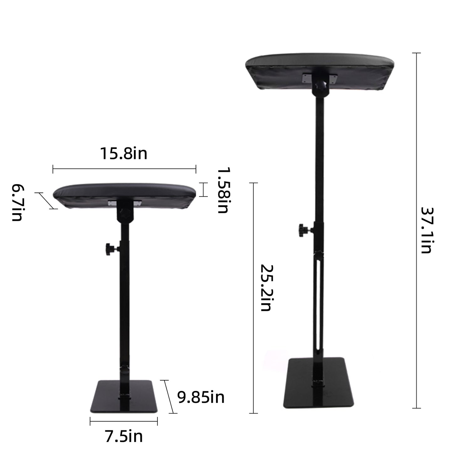 Dragoart adjustable tattoo arm rest stand dimensions showing height range and cushion size for tattoo workstation