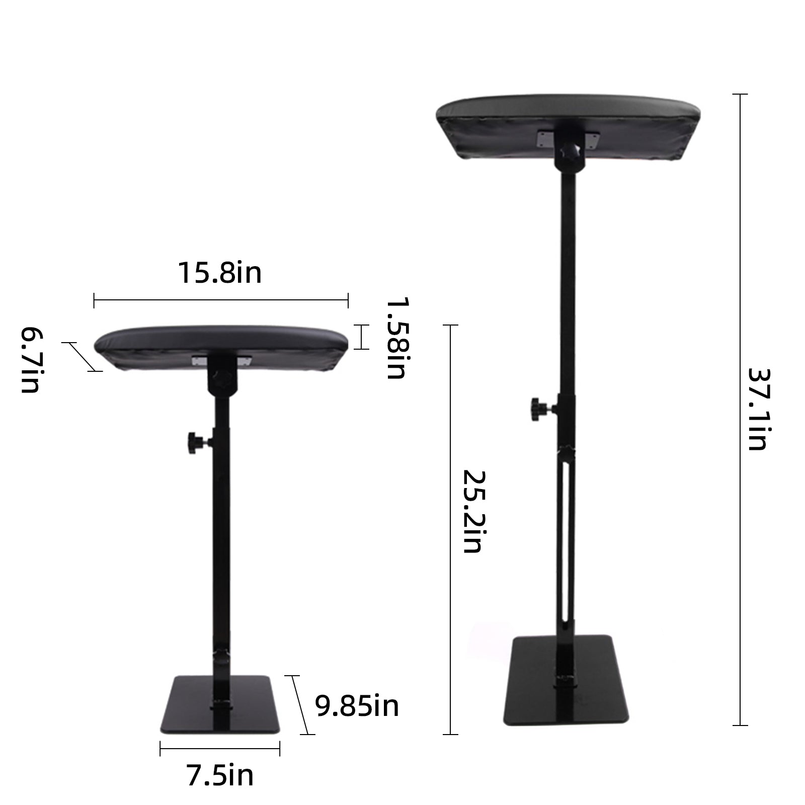 Dragoart adjustable tattoo arm rest stand dimensions showing height range and cushion size for tattoo workstation