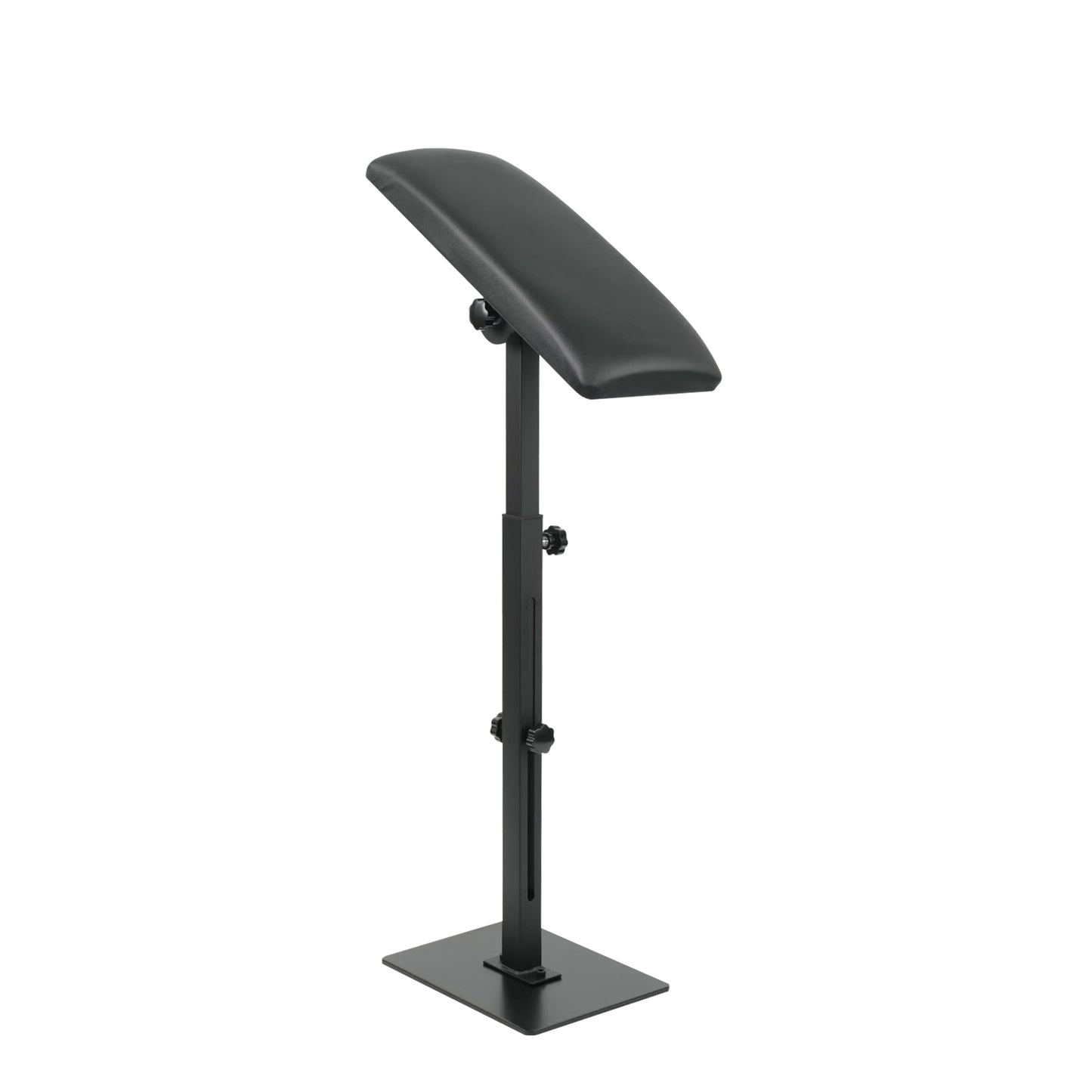 Left side view of adjustable tattoo arm rest stand with padded cushion and heavy-duty metal base for professional tattoo studios.
