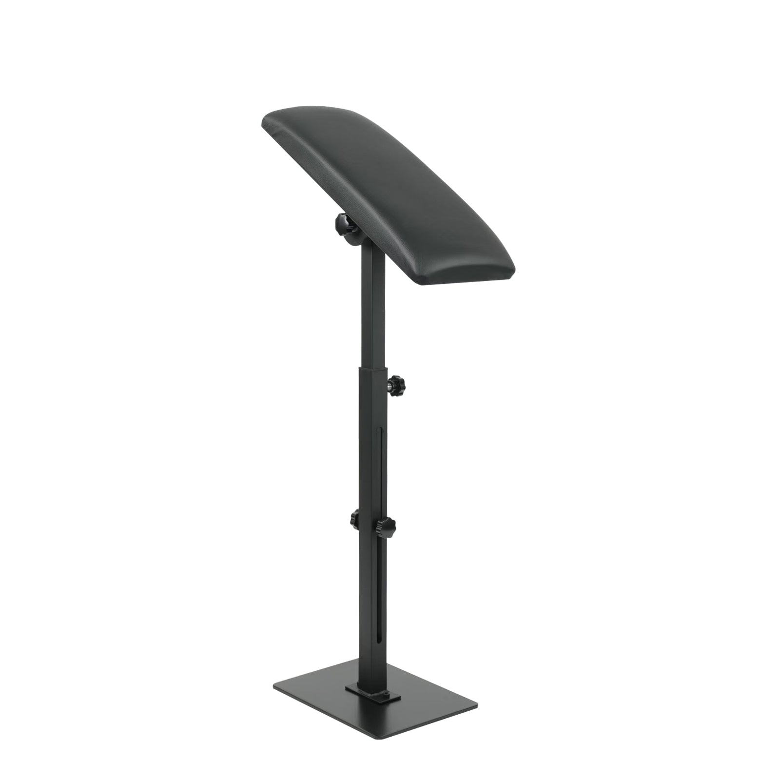 Left side view of adjustable tattoo arm rest stand with padded cushion and heavy-duty metal base for professional tattoo studios.