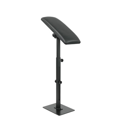 Left side view of adjustable tattoo arm rest stand with padded cushion and heavy-duty metal base for professional tattoo studios.