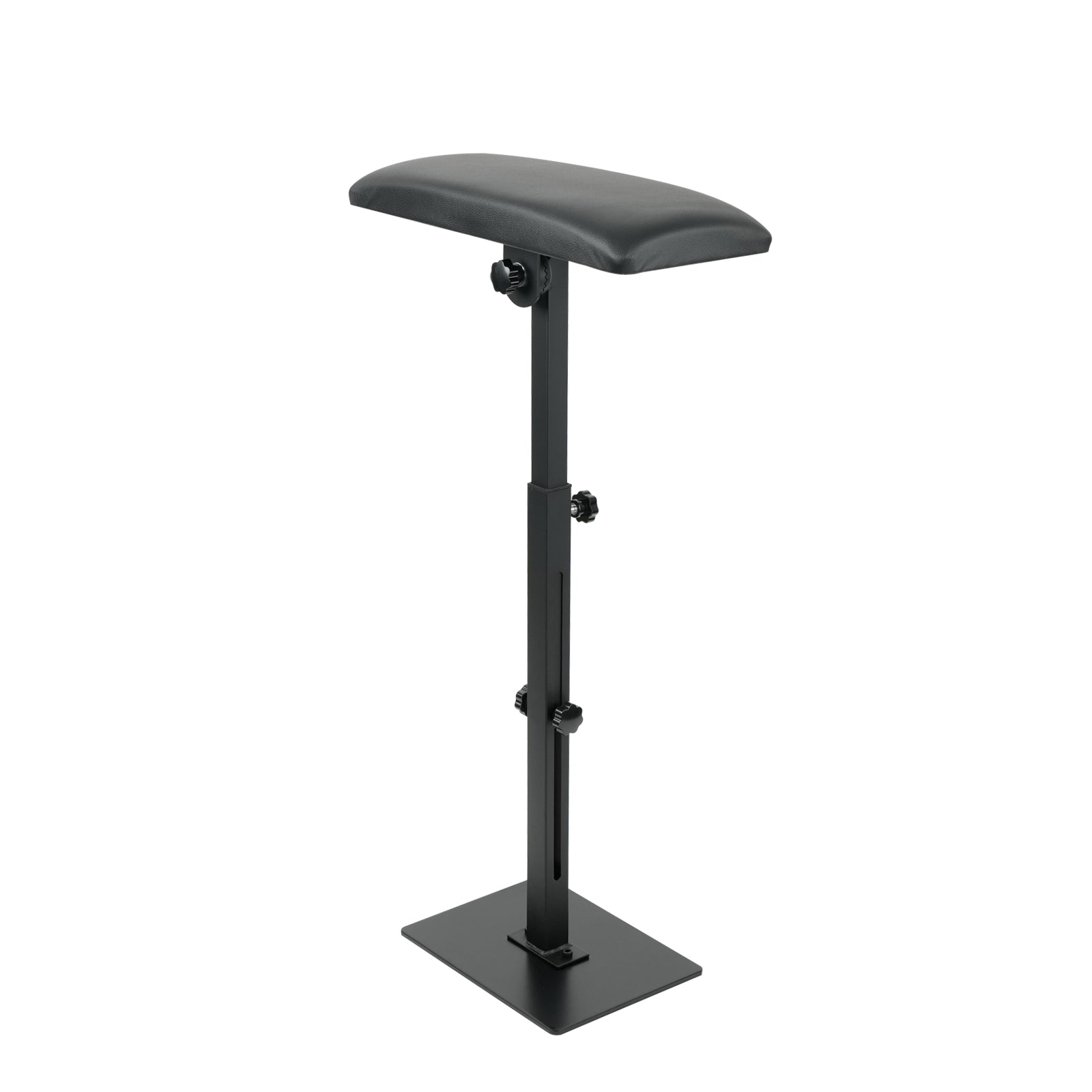 Professional adjustable tattoo arm rest with horizontal padded cushion and stable metal base for tattoo artists.
