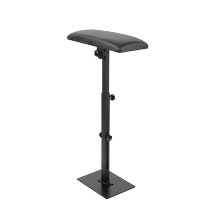 Professional adjustable tattoo arm rest with horizontal padded cushion and stable metal base for tattoo artists.