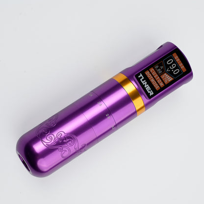 Dragoart Tuner purple wireless tattoo machine with digital display and adjustable stroke settings.