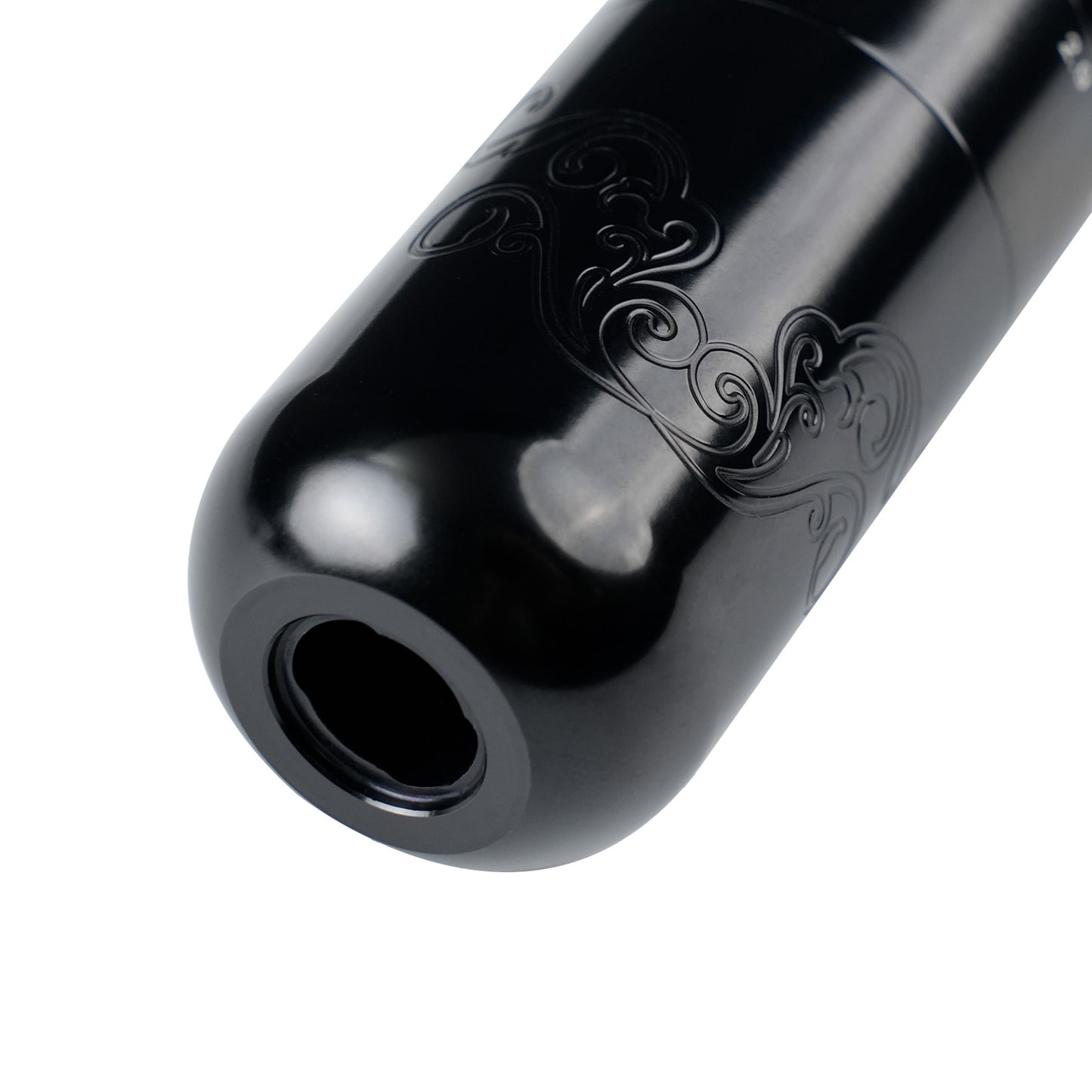 Dragoart Tuner black tattoo machine grip with engraved Xiangyun cloud pattern for enhanced control.