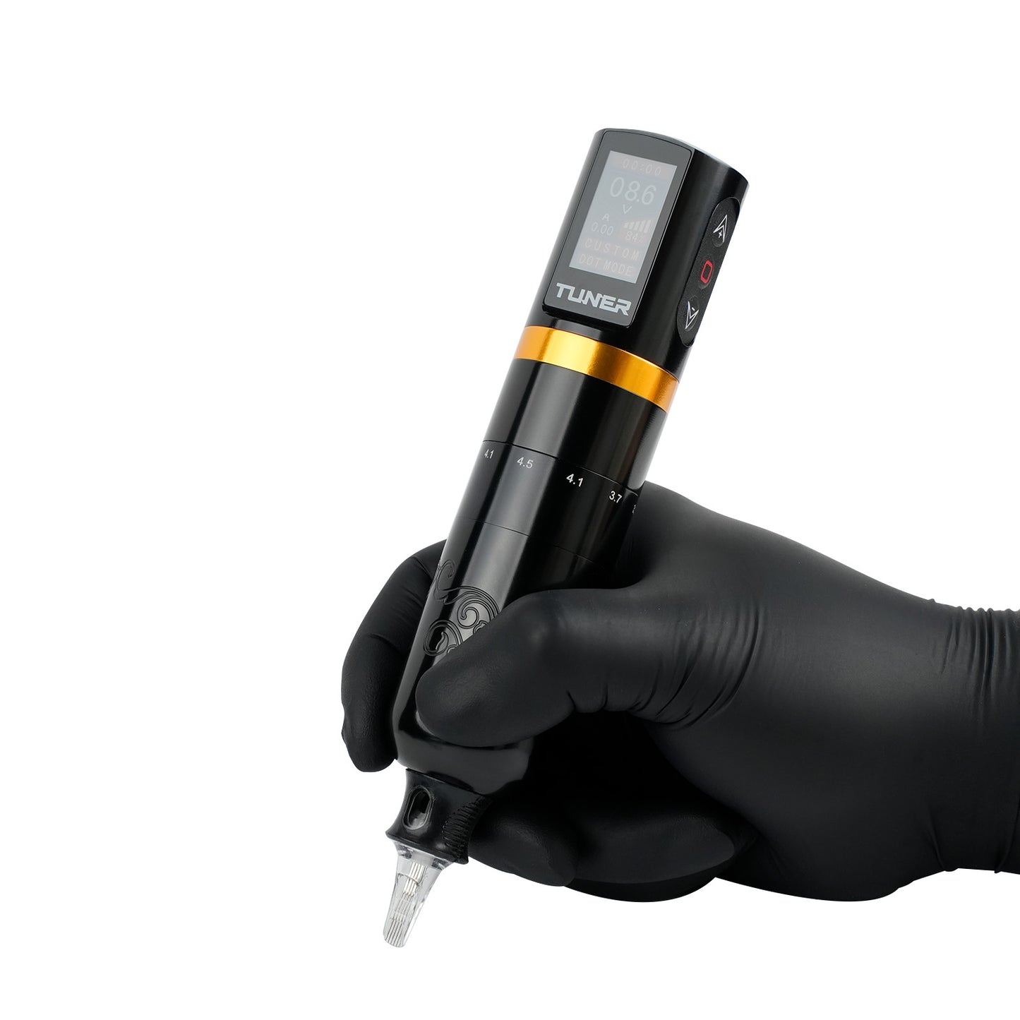 Tattoo artist holding Dragoart Tuner wireless tattoo machine with adjustable stroke and digital display during demonstration.
