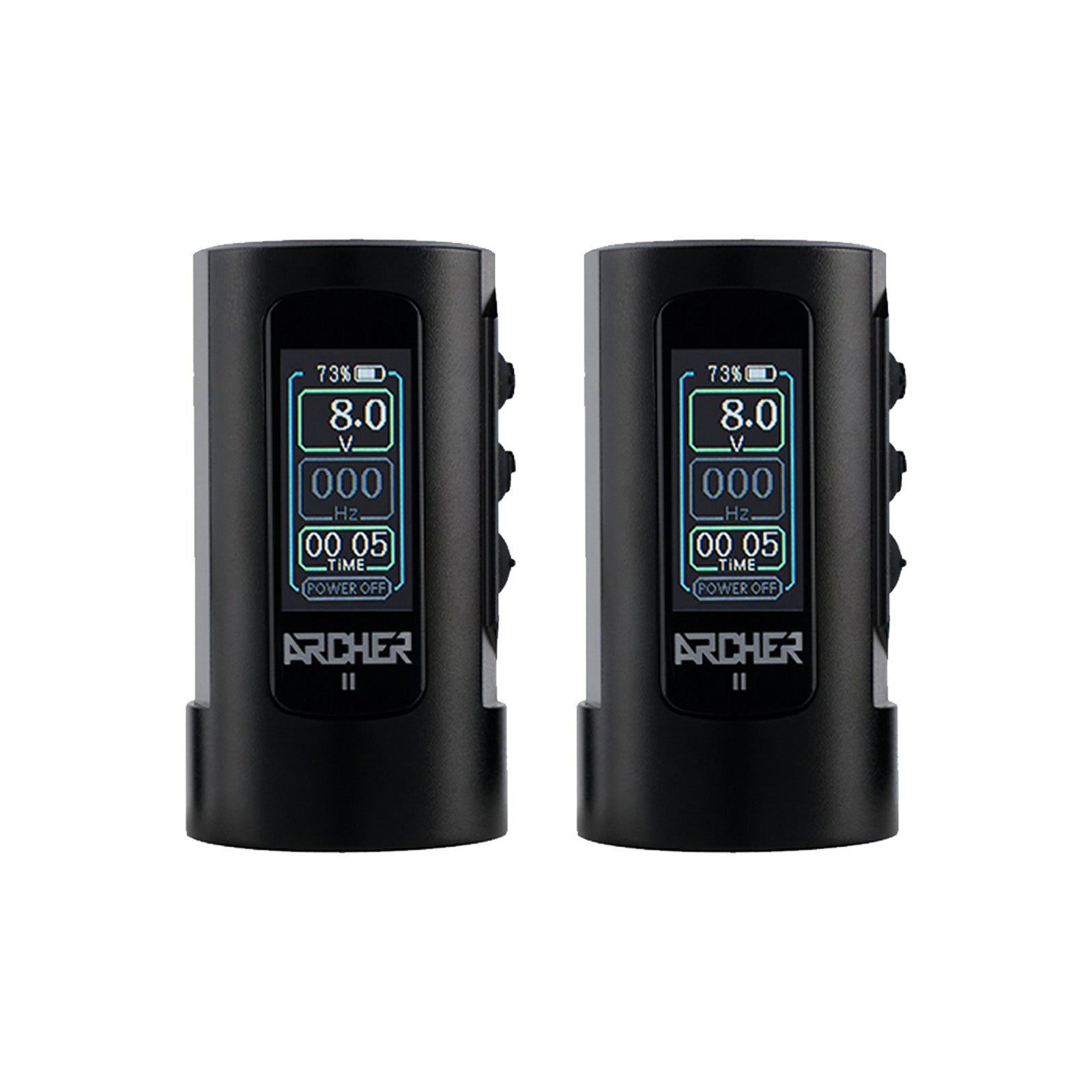Two Dragoart Archer II wireless tattoo pen battery packs with TFT displays showing 8.0V voltage and 73% battery level