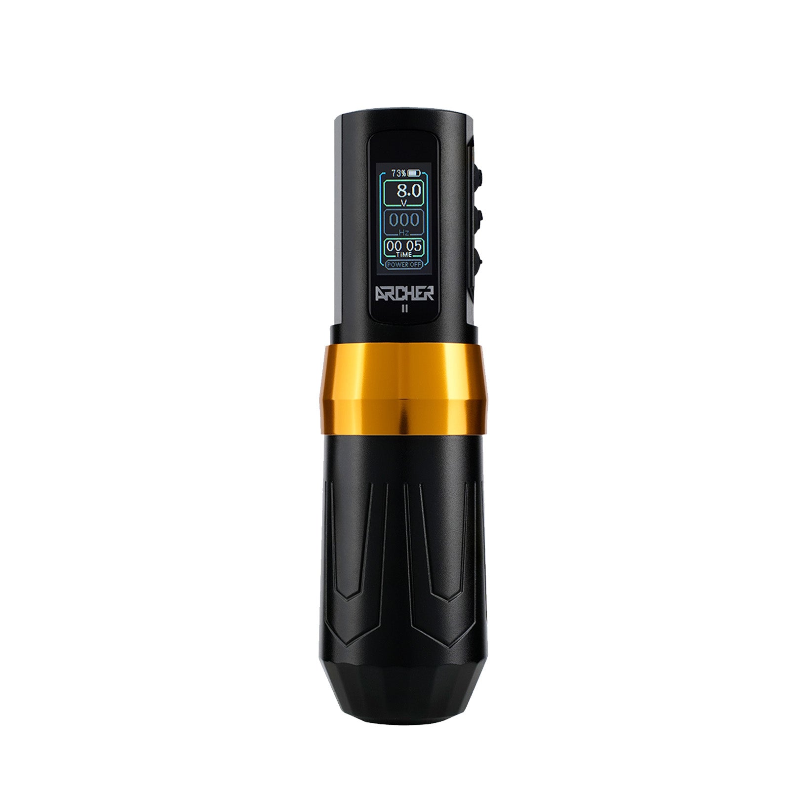 Dragoart Archer II wireless rotary tattoo pen machine with black and gold design, TFT display showing 8.0V voltage and 73% battery