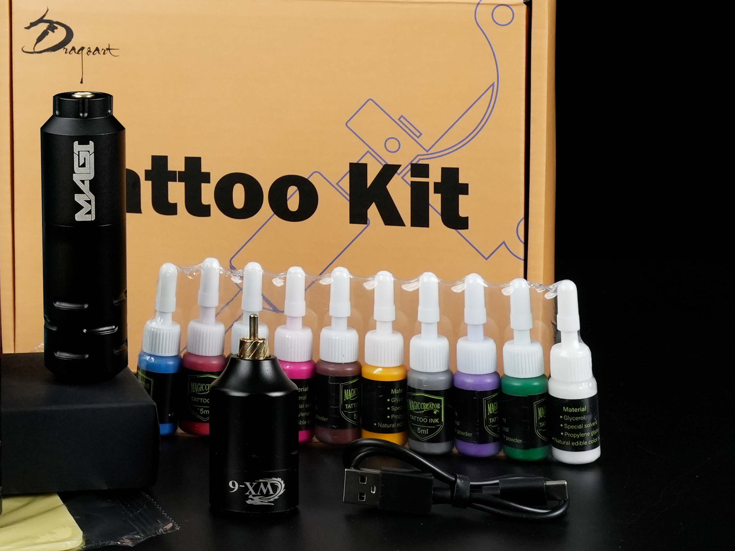 Dragoart MAGI tattoo kit with rotary tattoo pen machine, WX-6 wireless battery, USB charging cable, colorful tattoo inks, and practice accessories in branded packaging.
