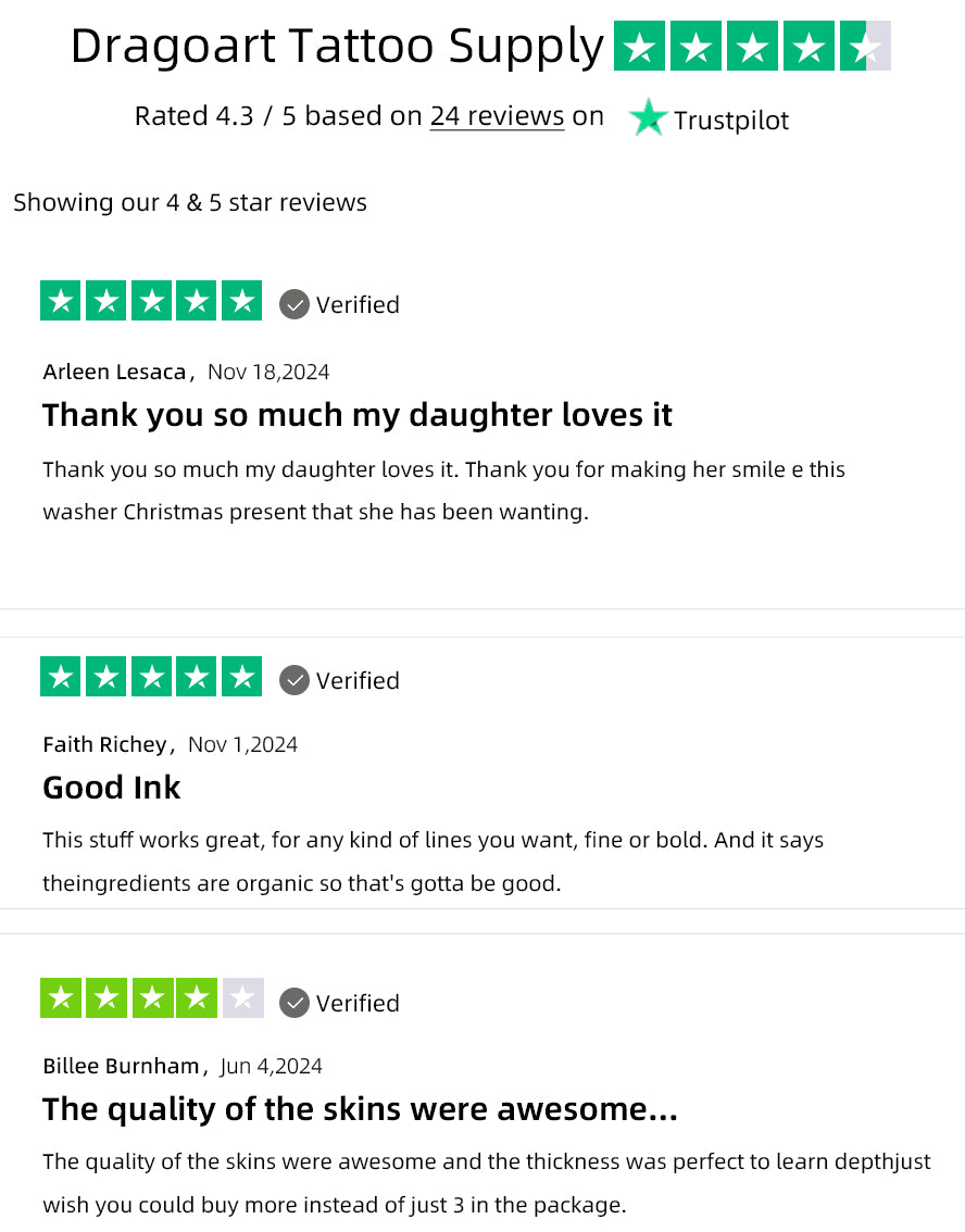 Dragoart Tattoo Supply Trustpilot reviews with a 4.3 out of 5-star rating, featuring positive customer feedback on ink quality, tattoo practice skins, and gift satisfaction.