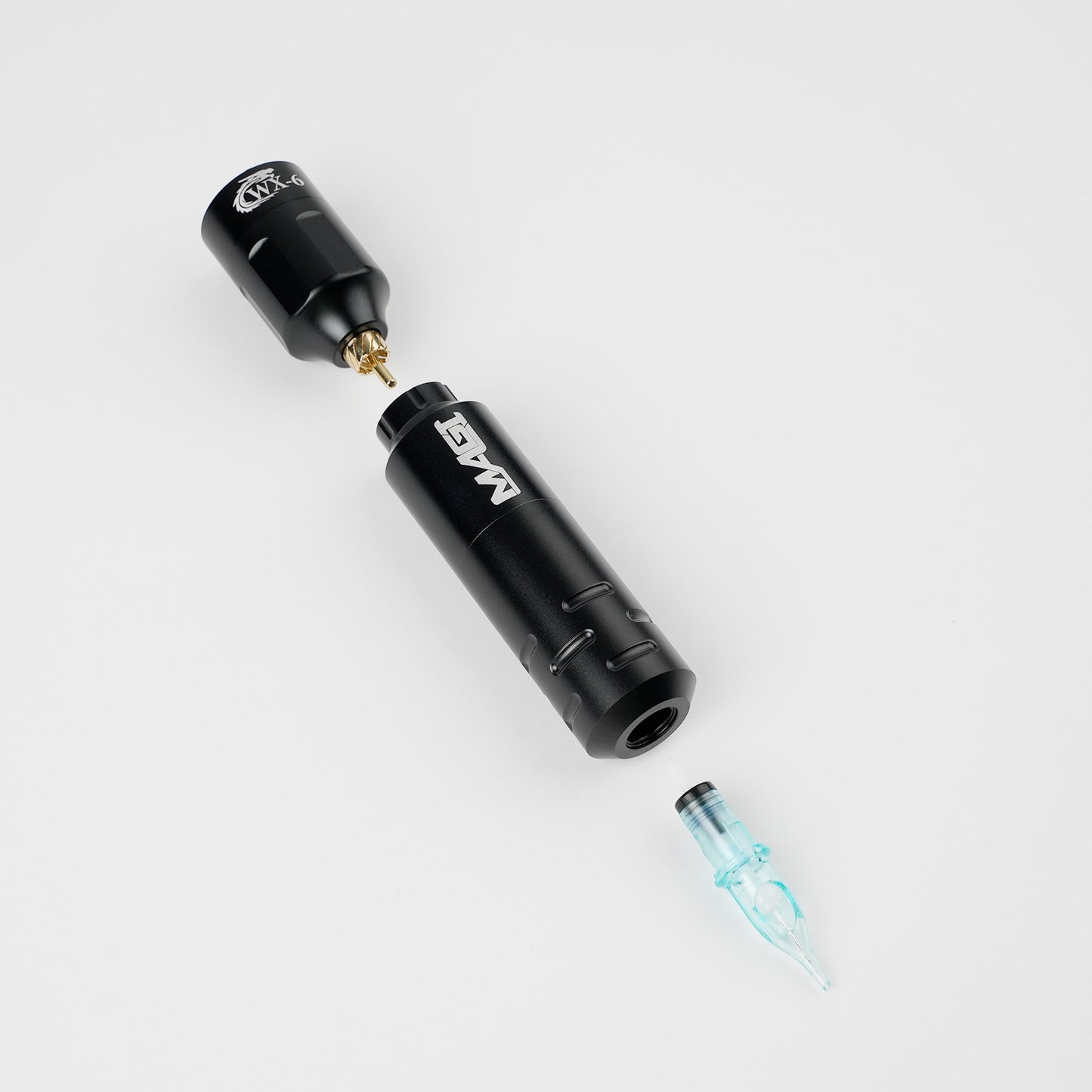 MAGI rotary tattoo pen machine with WX-6 wireless battery and tattoo needle cartridge, professional tattoo equipment setup.