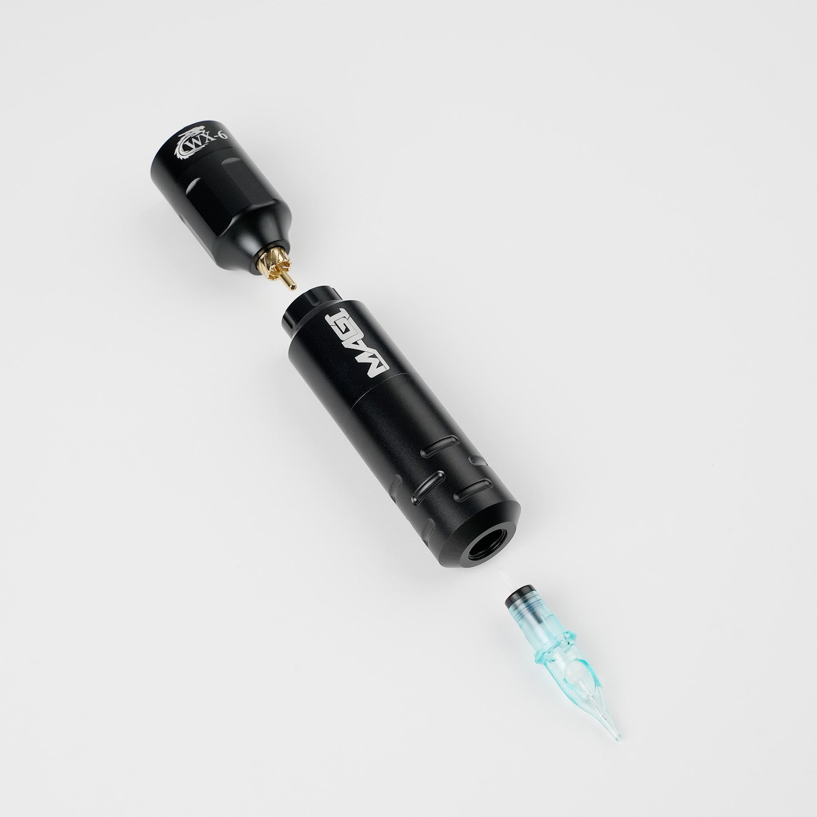 MAGI rotary tattoo pen machine with WX-6 wireless battery and tattoo needle cartridge, professional tattoo equipment setup.