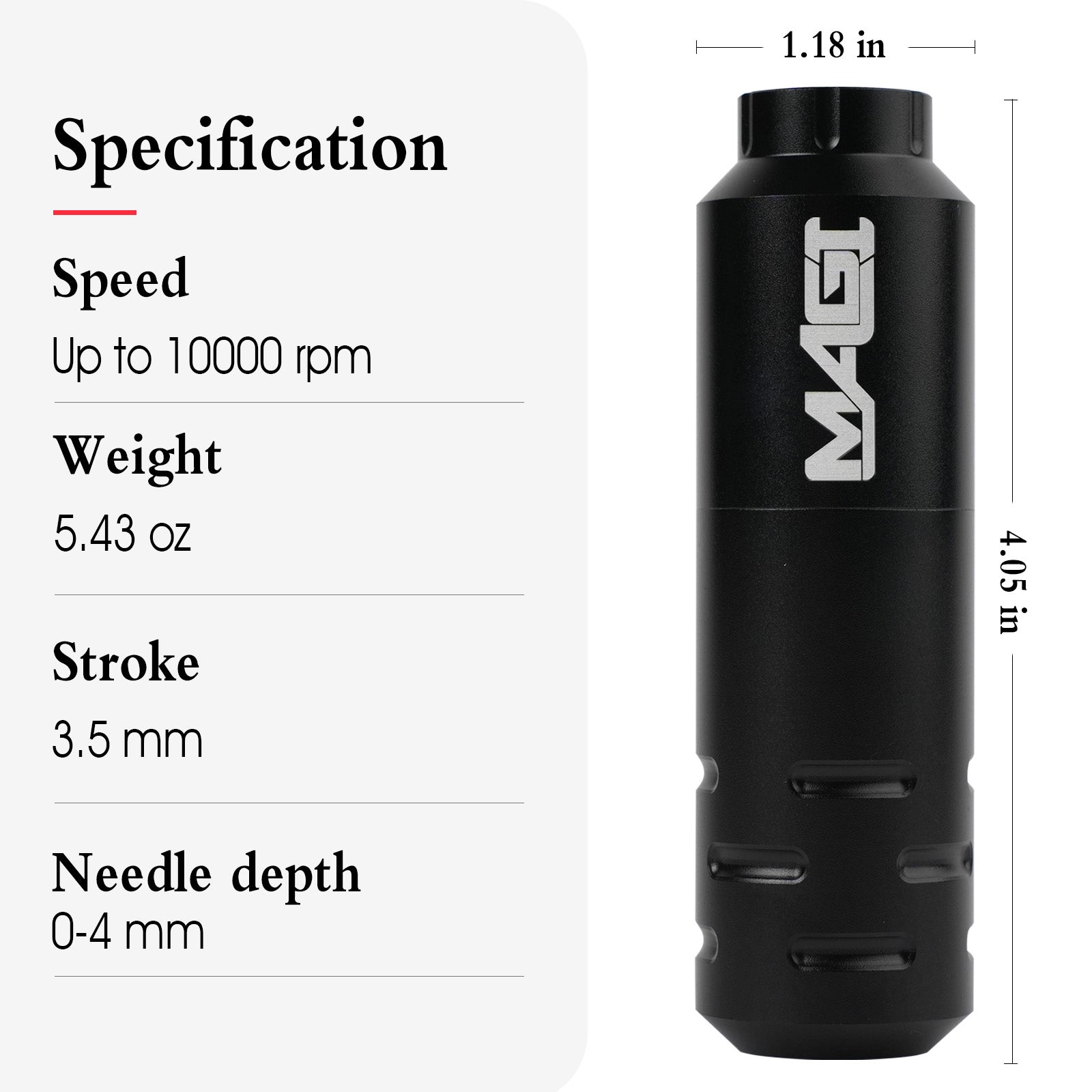 MAGI rotary tattoo pen machine specifications showing up to 10000 rpm speed, 5.43 oz weight, 3.5 mm stroke, and 0–4 mm adjustable needle depth.