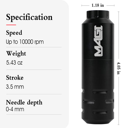 MAGI rotary tattoo pen machine specifications showing up to 10000 rpm speed, 5.43 oz weight, 3.5 mm stroke, and 0–4 mm adjustable needle depth.