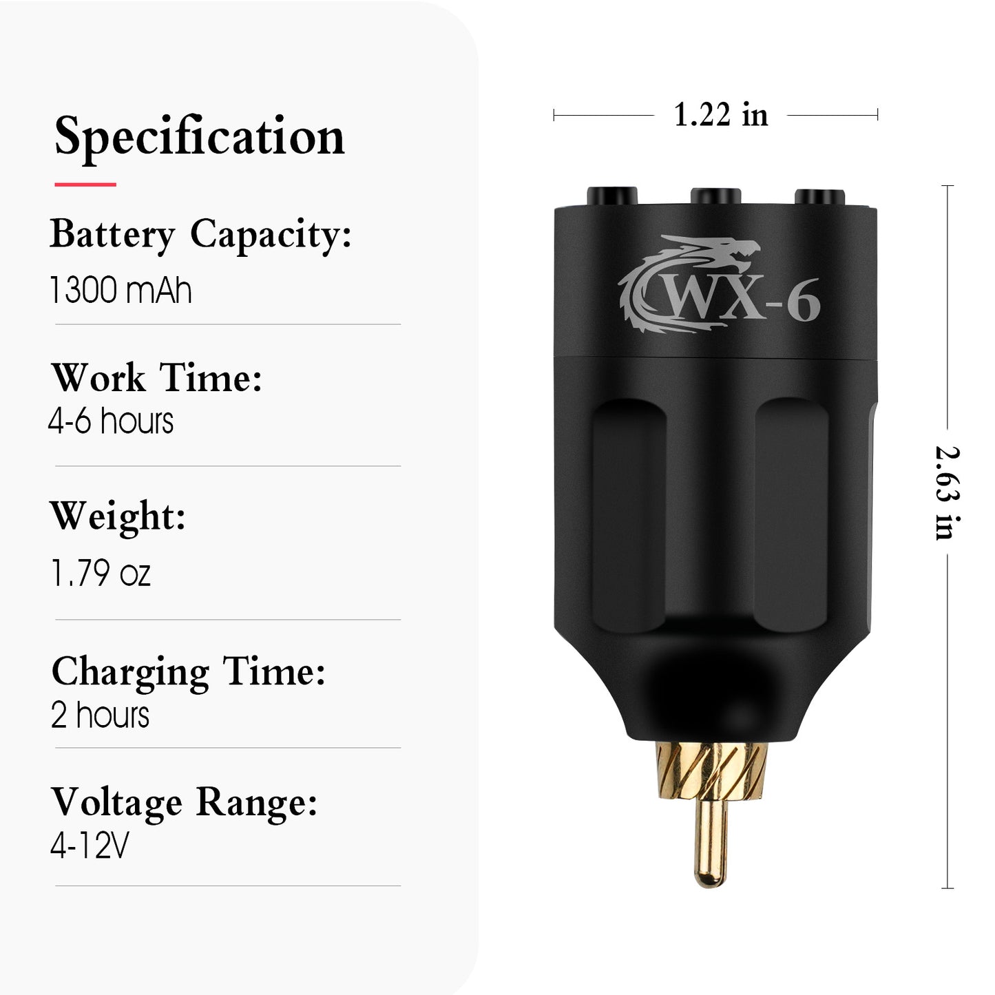 WX-6 wireless tattoo battery specifications showing 1300mAh capacity, 4–6 hours work time, 1.79oz lightweight design, 2-hour charging time, and 4–12V adjustable voltage range.