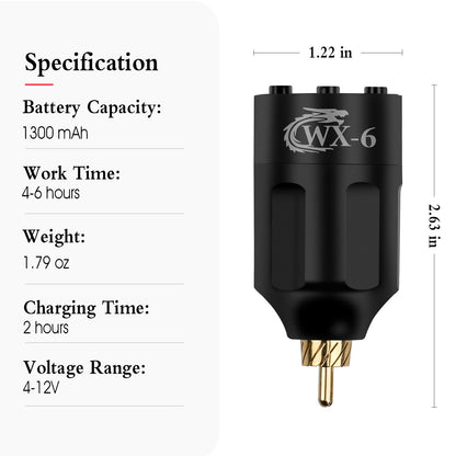 WX-6 wireless tattoo battery specifications showing 1300mAh capacity, 4–6 hours work time, 1.79oz lightweight design, 2-hour charging time, and 4–12V adjustable voltage range.