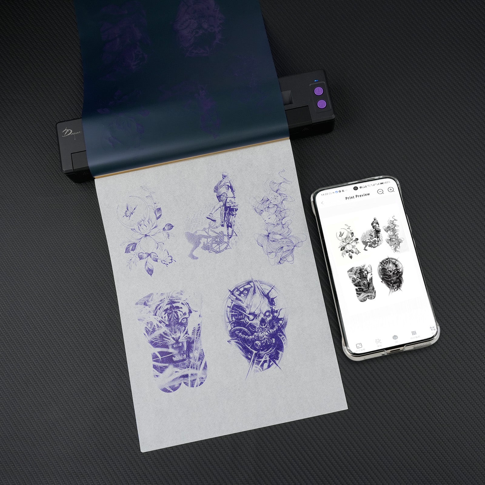 Dragoart tattoo stencil printer creating detailed designs with shading on transfer paper, connected to a smartphone for seamless digital tattoo stencil printing.