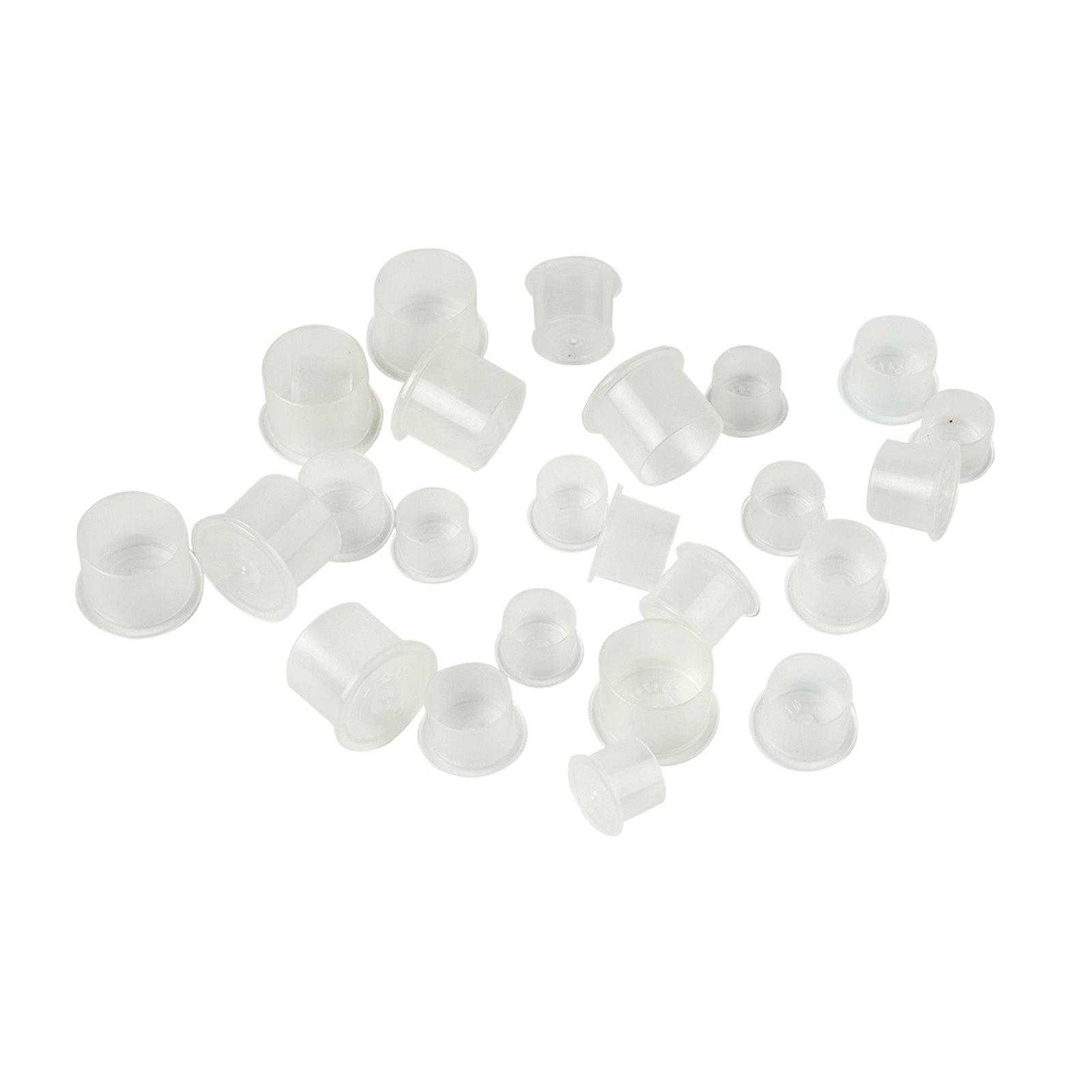 Assorted clear plastic disposable tattoo ink caps in small, medium, and large sizes, included with the Dragoart Archer II tattoo kit