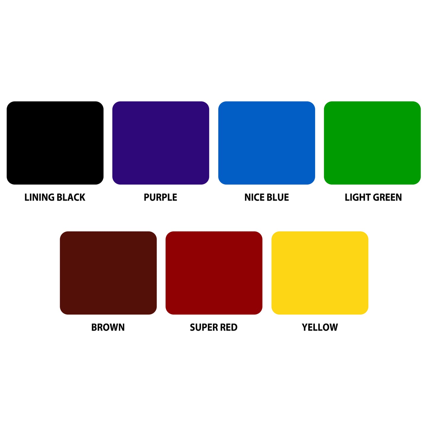 the tattoo ink set contains 7 colors: Lining Black, Purple, Nice Blue, Light Green, Brown, Super Red, Yellow.